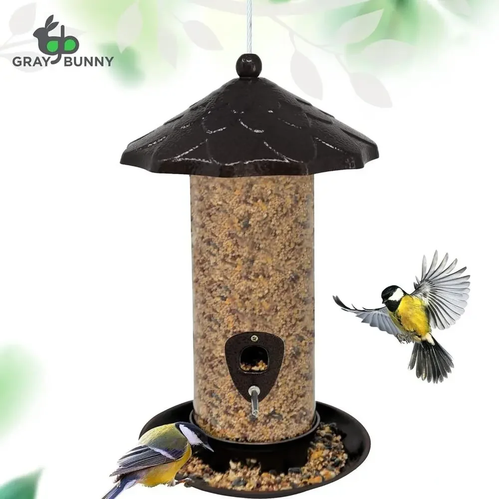 Gray Bunny Metal Bird Feeders for Outdoors Hanging, 2-Port, Large Capacity
